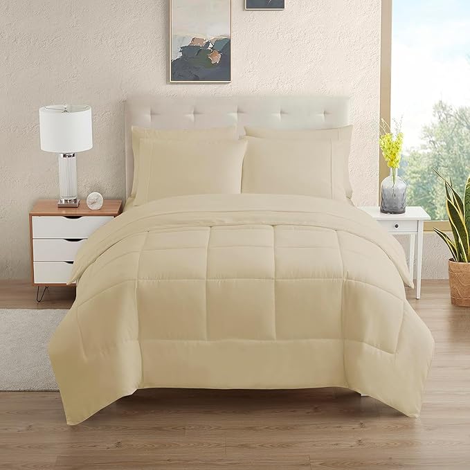 Sweet Home Collection 7 Piece Comforter Set Bag Solid Color All Season Soft Down Alternative Blanket & Luxurious Microfiber Bed Sheets, Beige, Queen