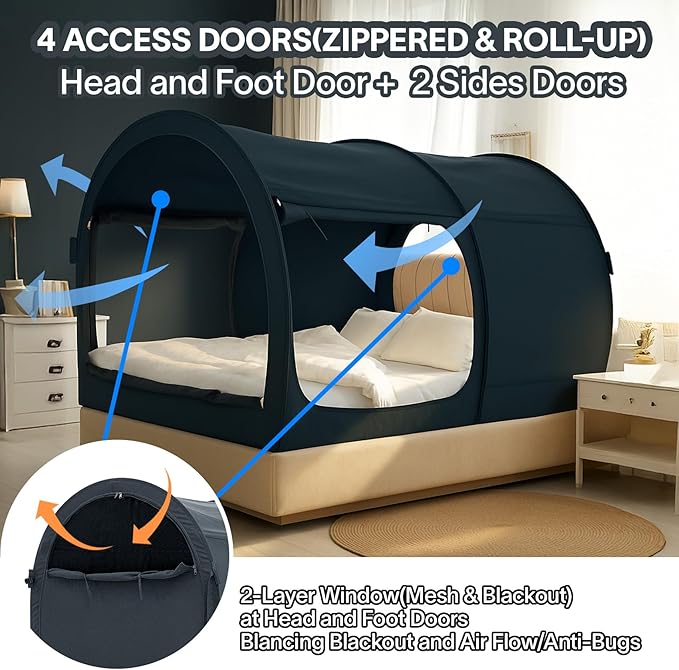 Alvantor Canopy Bed Dream Privacy Space Full Sleeping Tents Indoor Pop Up Portable Frame Curtains Breathable Grey Cottage (Mattress Not Included) Reducing Light, Charcoal (2006)