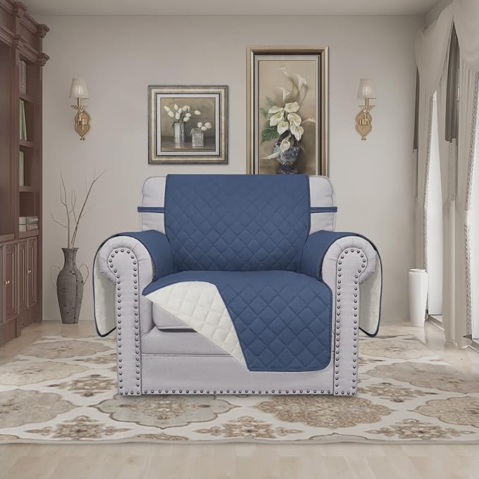 Easy-Going Reversible Couch Cover, Small Chair, Dark Blue/Ivory | Machine - Image 2