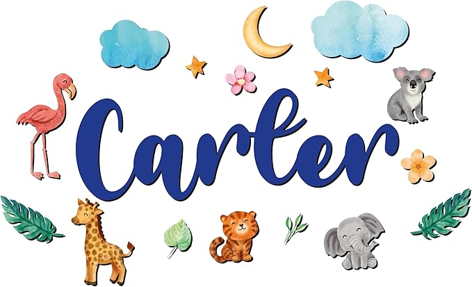 Custom Nursery Name Sign with Themed Decor Kit | Personalized Wooden Wall Art for Baby, Kids Room | Space, Jungle, Circus, Under The Sea, Woodland, Rainbow (50", Jungle/Safari)