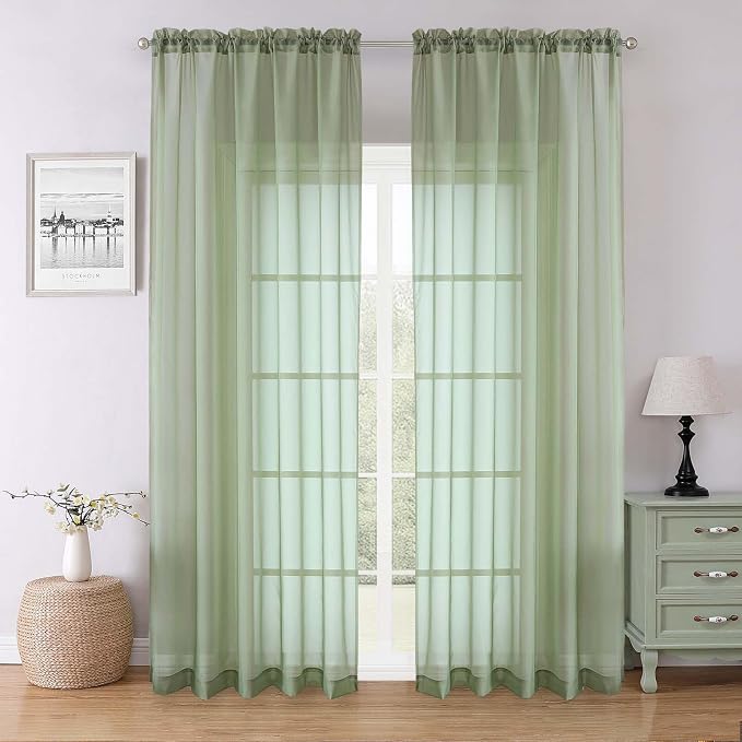 Sage Green Sheer Curtains 90 Inches Long 2 Panels, Light Filtering Airy Voile by Lecloud