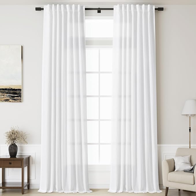 White Linen Extra Long Curtains 121 Inches Long 2 Panels Set Back Tab Curtains by Nanspring