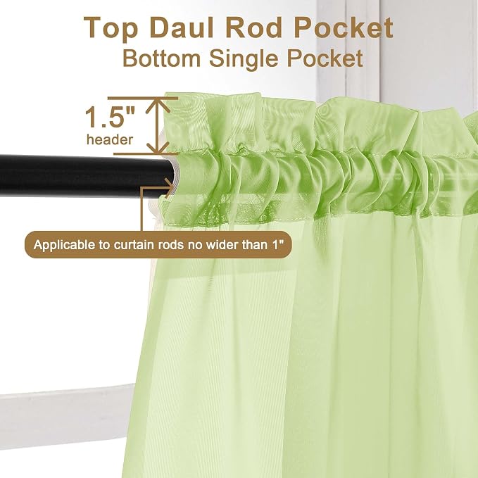Chyhomenyc Sheer Curtains 63 Inch Length 2 Panels, Lime | Light Filtering - Image 5