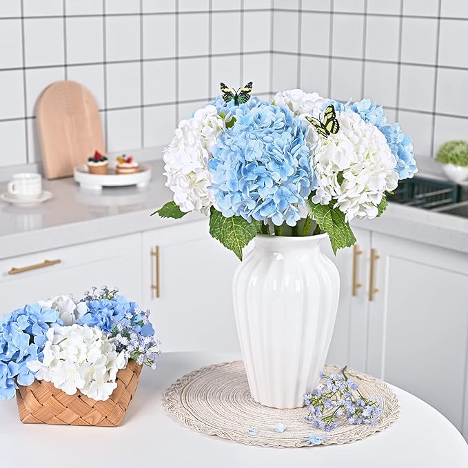 Waipfaru 21" Real Touch Blue Hydrangea Artificial Flowers with Long Stem & Leaves, Full Latex Faux Hydrangea Flowers for Home Decor Party Floral Arrangements Wedding Bouquets Centerpieces, 2Pcs