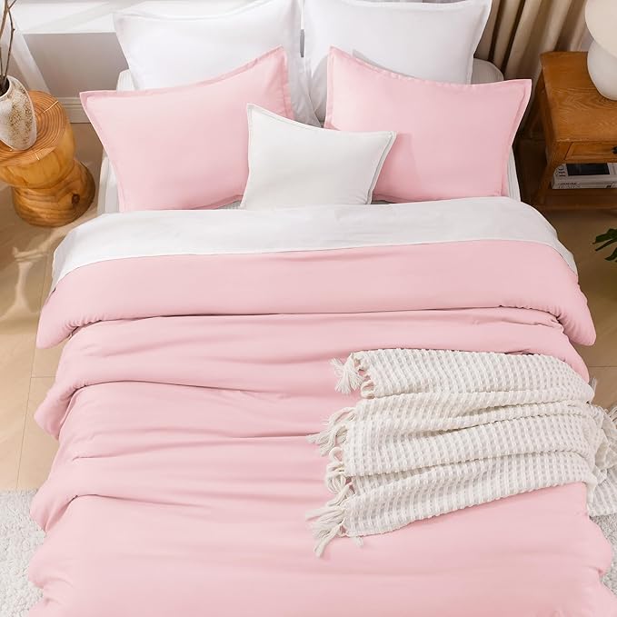 Litanika Pink Comforter Set Full Size, 3 Pieces Girls Women Cute Soft Solid Bedding Comforter Set, All Season Bed Set (79x90In Comforter & 2 Pillowcases)
