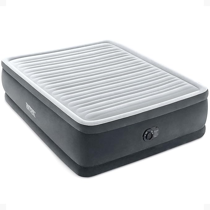 Intex Dura-Beam Deluxe Comfort-Plush Elevated: Fiber-Tech – Queen Size – Built-in Electric Pump – 18in Bed Height – 600lb Weight Capacity