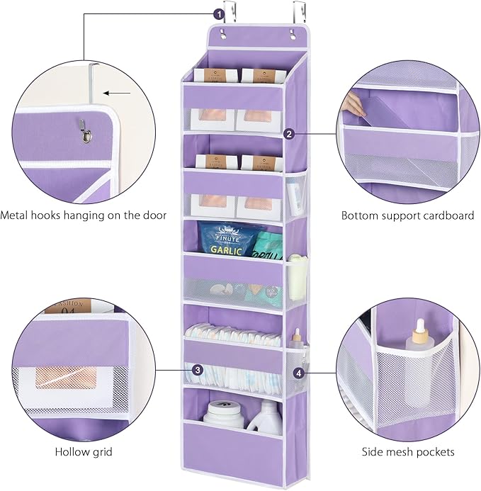 Univivi 5-Shelf Over The Door Hanging Organizer, Back of Door Organizer with 5 Compartments 6 Side Pockets for Baby Bedroom and Bathroom Storage (Purple)