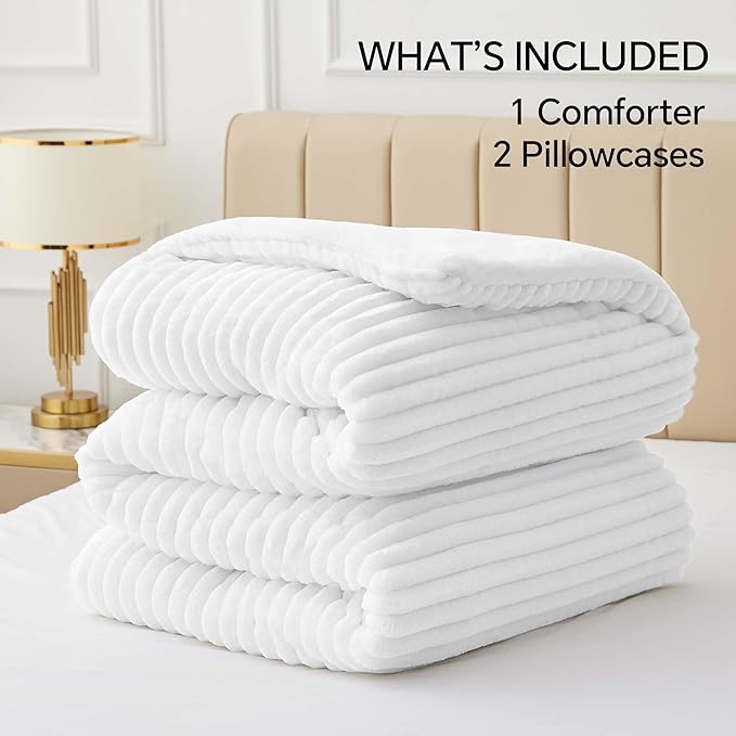 BEDELITE Fleece Queen Comforter Set -Super Soft & Warm Fluffy Bright White Bedding, Luxury Fuzzy Heavy Bed Set for Winter with 2 Pillow Cases