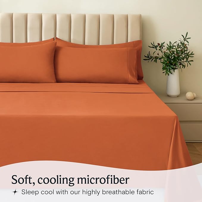 LuxClub 4 PC Full Size Sheet Set Deep Pockets Wrinkle Free Cooling Sheets Machine Washable Hotel Bedding Silky Soft - Autumn Orange Full