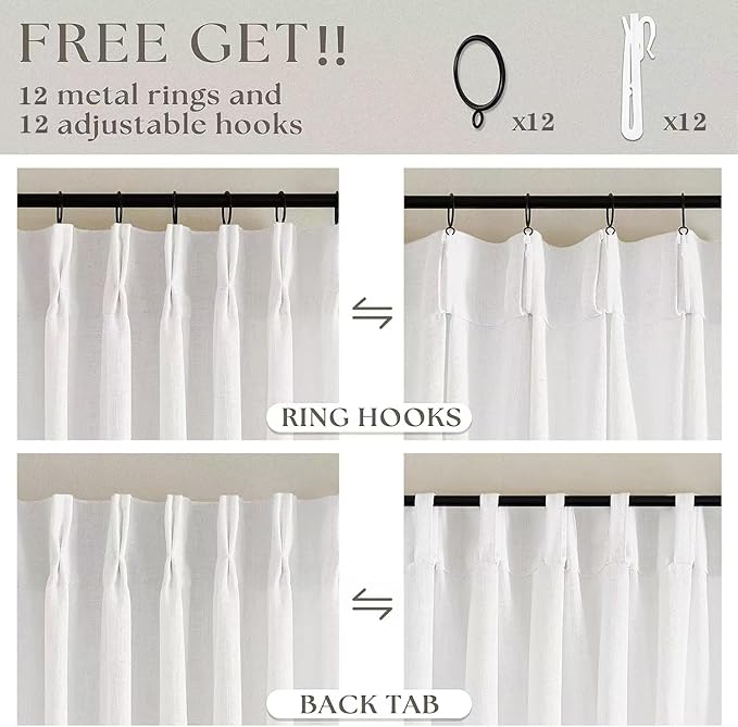 Pinch Pleated Linen 120 Inch Curtains 60 Inch Width Beige White | Light - Image 4