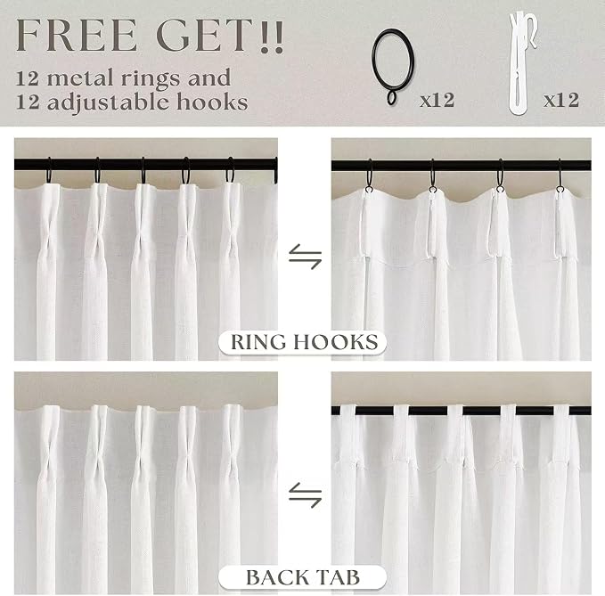Beige White Pinch Pleat Semi Sheer Linen Curtain W70xL96 1 Panel | Light - Image 4