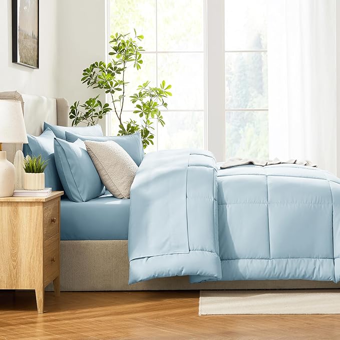 CozyLux Queen Comforter Set Light Blue, 7 Pieces Bed in a Bag, Blue Comforter Queen Size, All Season Bedding Sets with Stitch Quilted Comforter, Flat Sheet, Fitted Sheet, Pillowcases
