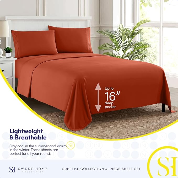 Full Size Sheet Sets - Breathable Luxury Sheets with Full Elastic & Secure Corner Straps Built In - 1800 Supreme Collection Extra Soft Deep Pocket Bedding Set, Sheet Set, Full, Rust