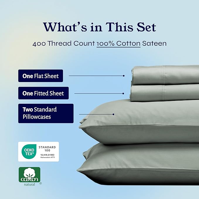 California Design Den Full Size Bed Sheets Set - Soft 400 Thread Count Sateen, Natural 100% Cotton Sheets with Deep Pockets, Breathable, Cooling and Durable Bedding Set - Sage Green