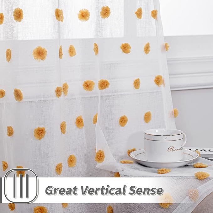 MYSKY HOME Orange Pom Pom Sheer Curtains for Girls Bedroom & Nursery - 72 Inch Long, 2 Panels, Light Filtering, Rod Pocket, Semi Window Drapes - 52 x 72 inch