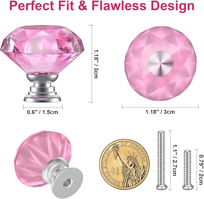 POZEAN Crystal Cabinet Knobs 12Pack, 1.18inch Dresser Knobs for Cabinet, Drawer with Two Different Sizes Screws, Diamond Glass Pulls Handles (30mm, 12Pack, Pink-Silver)