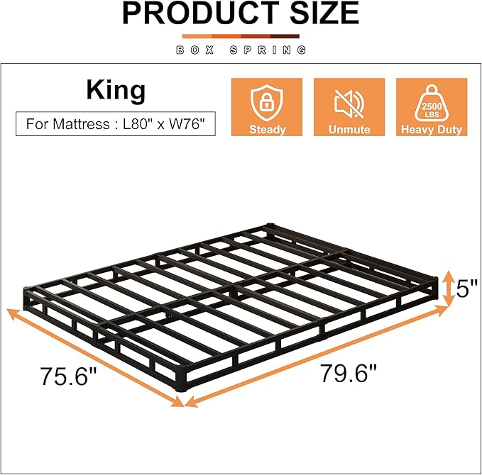EMODA King Box Spring Bed Base 5 Inch Heavy Duty Metal Mattress Foundation with Fabric Cover, 3000LBS Max Weight Capacity, Noise Free, Easy Assembly