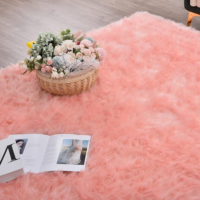 ORINOVA Pink Plush Round Rugs 6ft Large Washable Faux Fur Area Rugs - Image 9