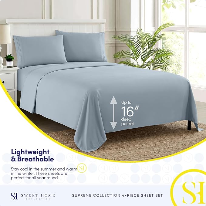 King Size Sheets - Breathable Luxury Bed Sheets with Full Elastic & Secure Corner Straps Built In - 1800 Supreme Collection Extra Soft Deep Pocket Bedding Set, Sheet Set, King, Misty Blue