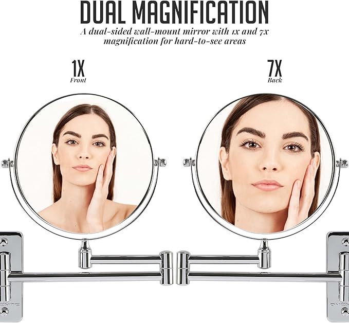 OVENTE 7" Wall Mounted Makeup Mirror with 1X/7X Magnification, Double Sided Magnifying Round Bathroom Vanity Mirror, 360° Swivel Design, Extendable and Folding Arm, Polished Chrome MNLFW70CH1X7X