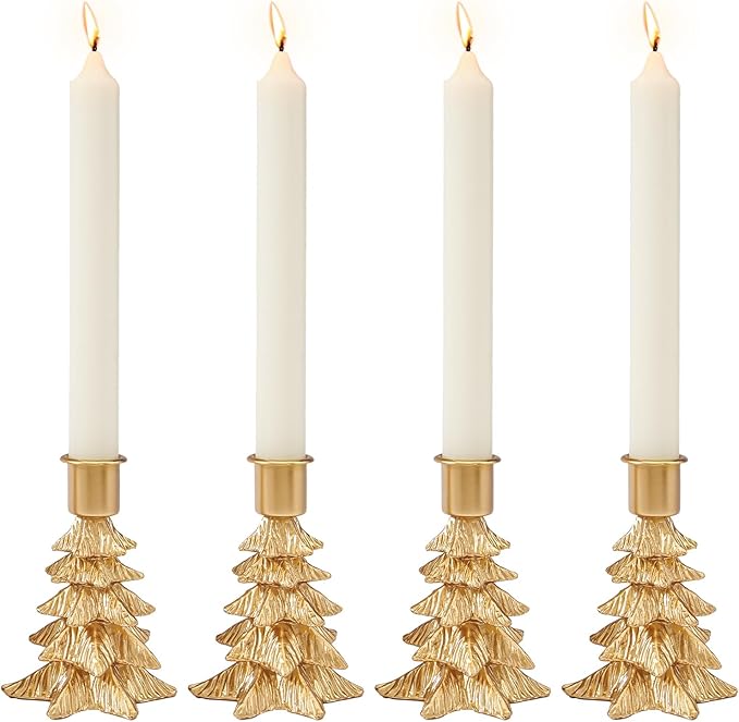 WDS WONDROUS Christmas Tree Candle Holders Set of 4 – Taper Candle Holders for Christmas Decorations, Gold Resin Candlestick Holders with Table Top, Metal, Dining Table Centerpieces & Holiday Decor