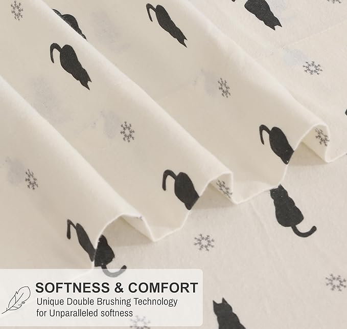 RUVANTI Flannel Sheets King Size - 100% Cotton Brushed King Size Sheets Set - Deep Pockets 16 Inches Bed Sheets - All Seasons Breathable & Extra Soft - Warm & Cozy, 4 Piece, Black Cat