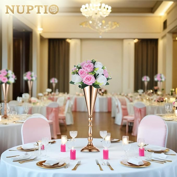 NUPTIO Pcs of 2 Fake Flower Ball Arrangement Bouquet,15 Heads Plastic Roses with Base, Suitable for Our Store's Wedding Centerpiece Flower Rack for Parties Valentine's Day Home Décor (Pink & White)