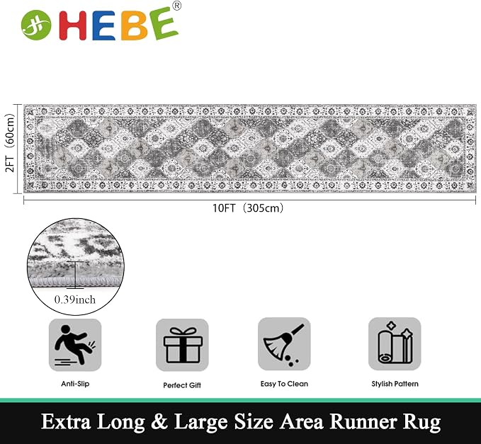HEBE Hallway Runner Rug 2'x10', Washable Non Slip Kitchen Rug Runner | Soft - Image 2