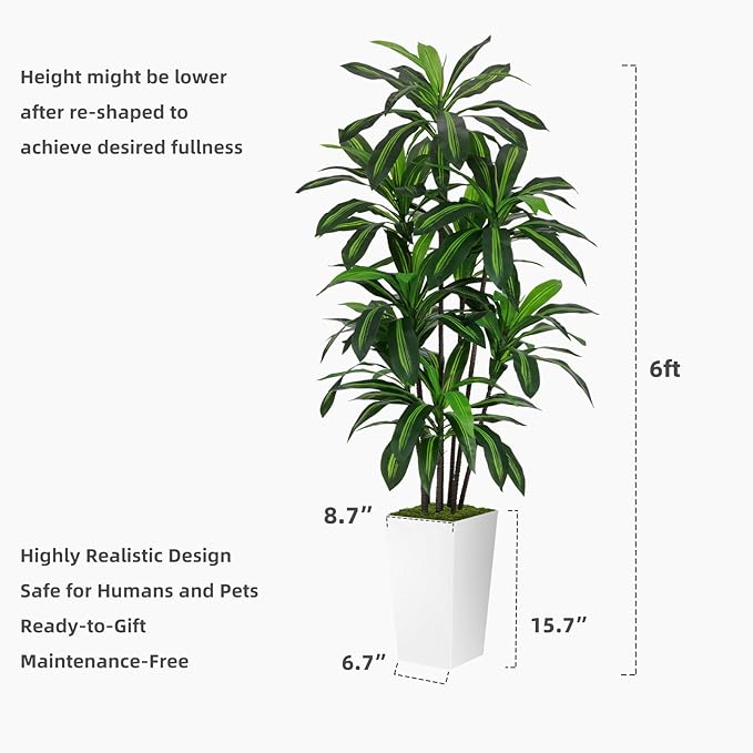 Artificial Dracaena Tree 6FT - Faux Tree with Black Tall Planter - Fake Tropical Yucca Floor Plant Potted - Artificial Silk Tree for Home Office Living Room Decor Indoor