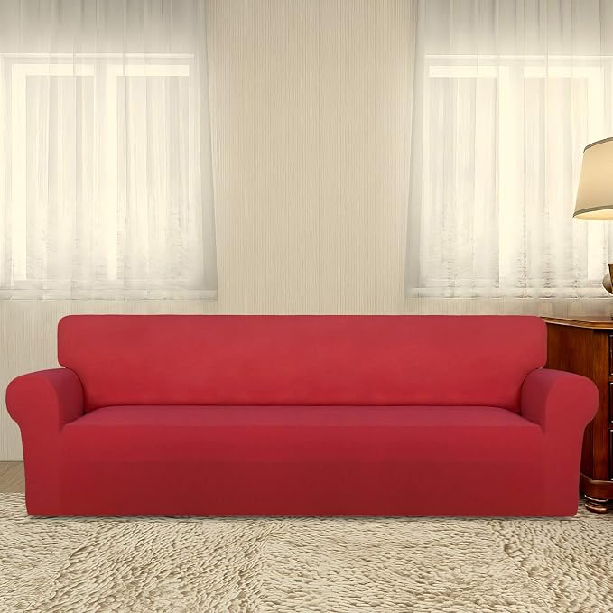 PureFit Stretch Couch Covers for Sofa 4 Seater Slipcovers Red | 1-Piece Sofa - Image 2