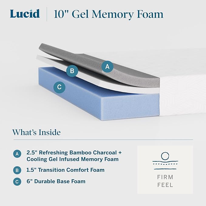 Lucid 10 Inch Memory Foam Mattress - Firm Feel - Infused with Refreshing Bamboo Charcoal and Cooling Gel - Bed in a Box - Temperature Regulating - Pressure Relief - Breathable - California King Size