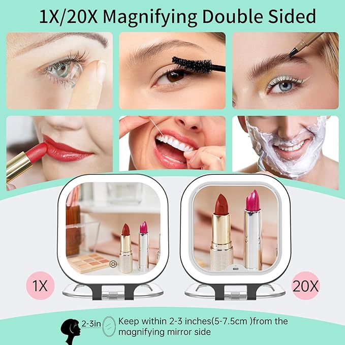 FASCINATE 20X Magnification Rechargeable Travel Makeup Mirror, 7" Lighted Portable Vanity Mirror with 3 Colors Lighting & Stepless Dimming, Double Sided LED Mirror, Gift for Women (Black)