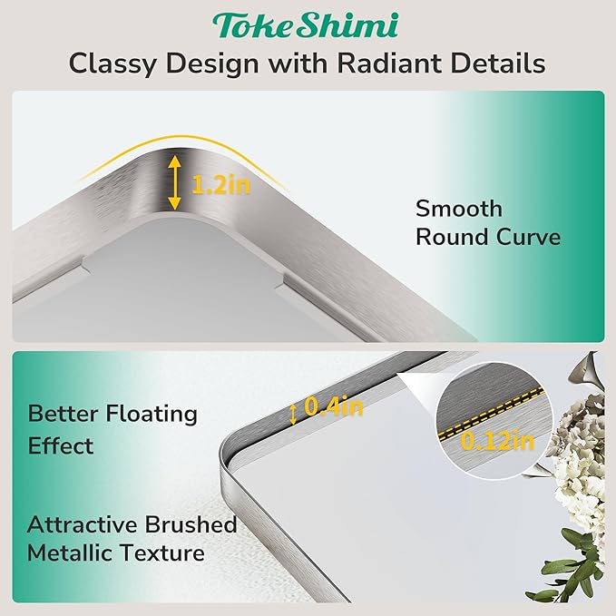 TokeShimi 24x36 Brushed Nickel Bathroom Mirror,Wall Mirror for Bathroom with Tempered Glass,Nickel Bathroom Vanity Mirror for Over Sink,Aluminum Framed Mirror(Horizontal/Vertical)