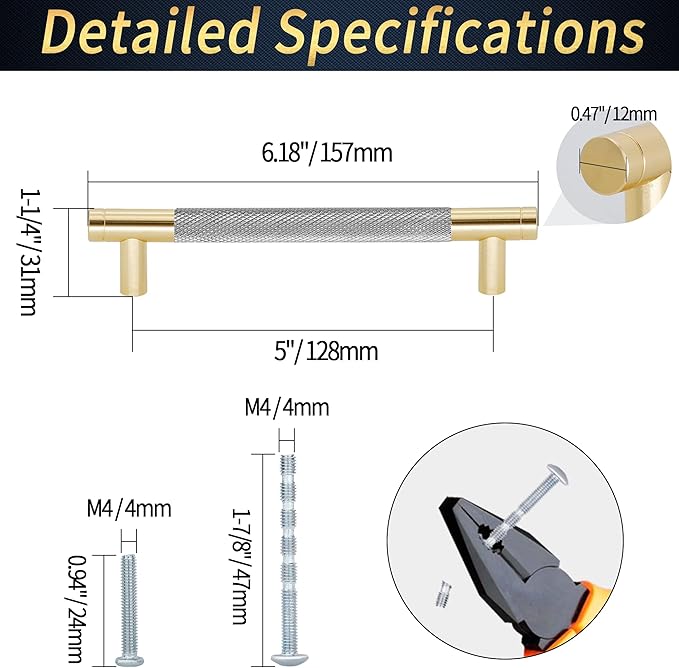 Knurled Cabinet Pulls 12 Pack, 6 Inch Long Cabinet Handles Metal Door Pulls, Kitchen Drawer Pull Knurled Dresser Handles - 5" Hole to Hole, Grey & Gold