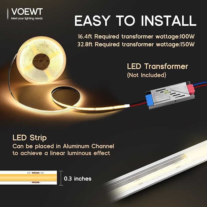 COB LED Strip Lights Daylight White 6000K,16.4ft 12V High CRI 95Ra+ Super Bright,Flexible Tape Lights for Bedroom,Mirror,Kitchen Cabinet, Living Room(Power Supply Not Included)