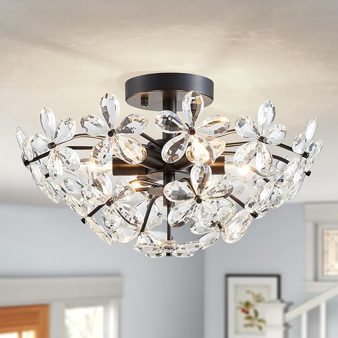 WUZUPS Crystal Chandelier Flushmount Ceiling Light Modern Lighting Fixture for Bedroom Hallway Bar Kitchen Bathroom, H 8.9" x W 17.7", Black, E12 Base
