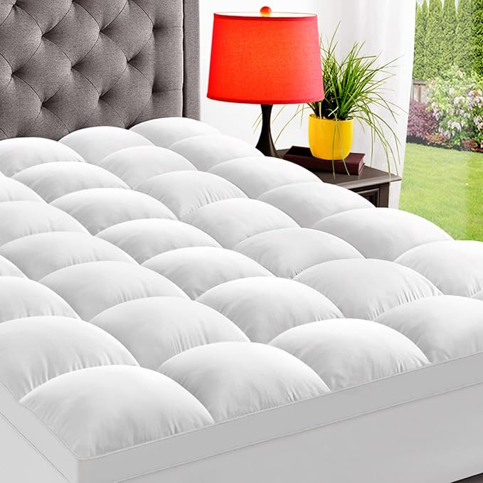 ELEMUSE King Mattress Topper for Back Pain, Extra Thick Mattress Pad Cover, Plush Soft Pillowtop with Elastic Deep Pocket, Overfilled Down Alternative Filling