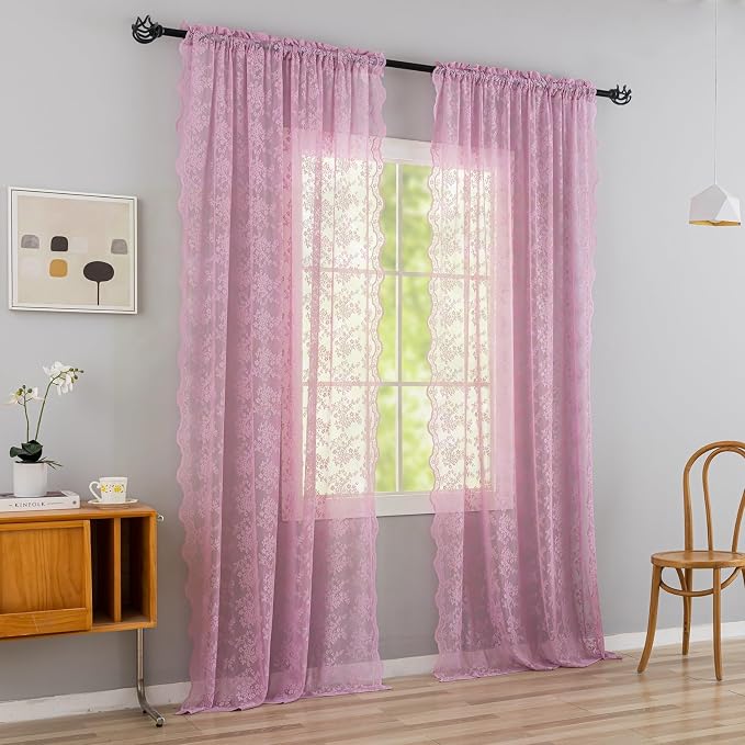 YJ YANJUN Vintage Lace Curtains 84 Inches Long-Victorian Floral Pattern Lilac - Image 3