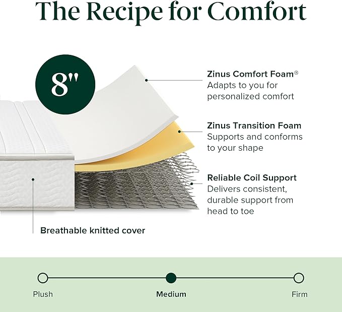 ZINUS 8 Inch Foam and Spring Hybrid Mattress [New Version], Queen, Fiberglass Free, Medium Firmness, Durable Support, Certified Safe Foams & Fabric, Mattress in A Box