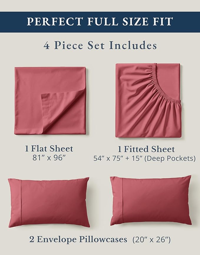 LANE LINEN 100% Organic Cotton Bed Sheets Full Size, Fully Elasticized Sustainably Produced Soft & Comfy, Machine Washable Naturally Cooling Full Sheet Deep Pocket Bedding - Mineral Red