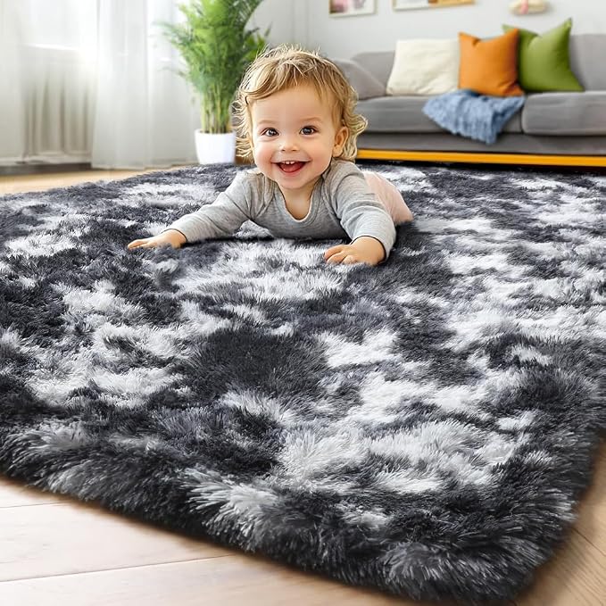 Black and White Area Rugs for Living Room, 5x8 Fluffy Bedroom Rug, Soft Plush - Image 9