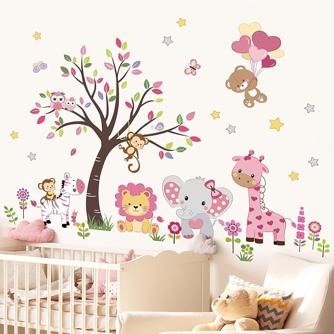 decalmile Pink Animal Tree Wall Decals Forest Lion Elephant Monkey Wall Stickers Girls Bedroom Baby Nursery Wall Decor