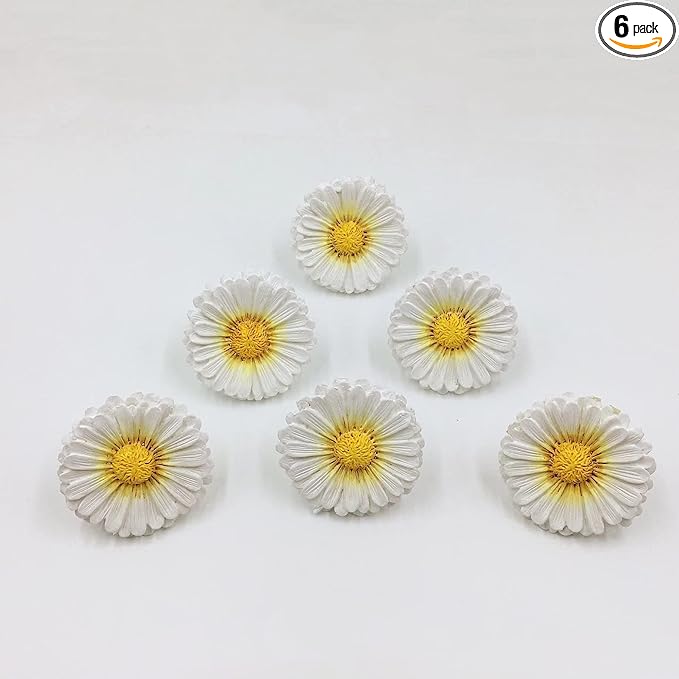 Daisy Vintage Resin Hand Painted Drawer Pulls Cabinet Knobs Handles Country Kitchen Home Decoration White (Pack of 6)