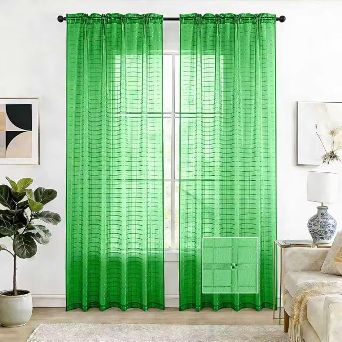 SpaceDresser Check Sheer Curtains 63 Inches 2 Panels Set, Rod Pocket Plaid by SpaceDresser