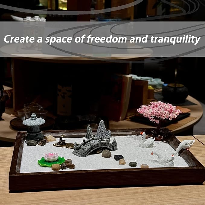 SRAYW Zen Garden Kit for Desk Decor. 11x7.5'' Beautiful Japanese Mini Zen Garden Meditation Gifts Set for Home,Office Desk＆Meditation Room.6 Tools ＆ 18 Accessories. Zen Sand Tray Therapy