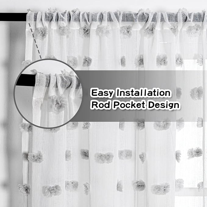 MYSKY HOME Grey Curtains for Bedroom Windows 2 Panels Pom Pom Sheer Curtains 84 Inch Long for Living Room Nursery Kids Room Rod Pocket Boho Farmhouse Dining Room Window Drape 52 x 84 inch