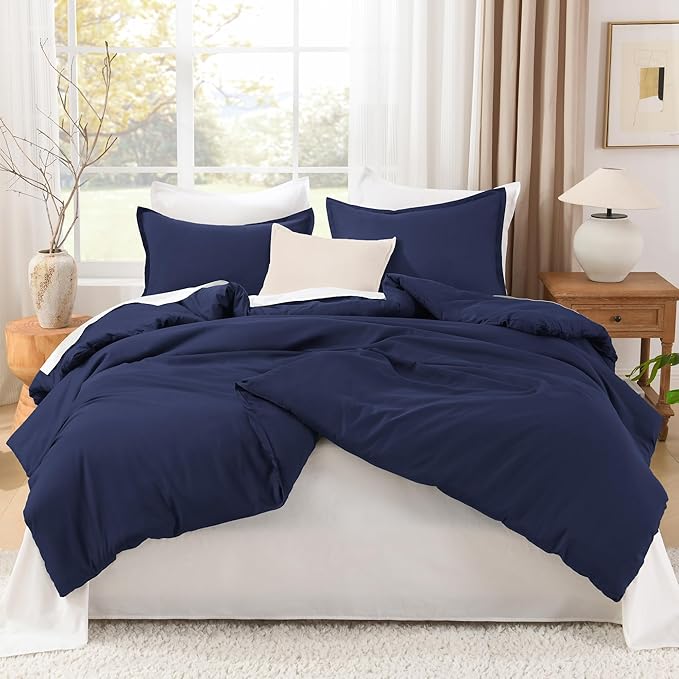 Litanika Comforters Navy Blue Super King Size, 3 Pieces Lightweight Solid Bedding Set & Collections, All Season Fluffy Bed Set (120x120In Comforter & 2 Pillowcases)