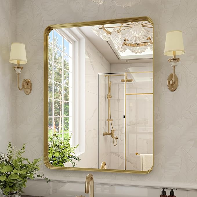 VooBang Bathroom Mirror 30x40 inch, Gold Gorgeous Deep Frame Wall Mirror, Modern Round Corner Bathroom Vanity Mirror for Bedroom, Living Room, Hanging or Leaning Horizontal or Vertical, Gold