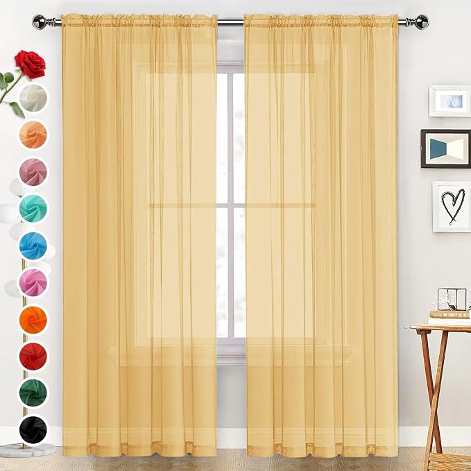 SpaceDresser Basic Rod Pocket Sheer Voile Window Curtain Panels Gold 1 Pair 2 by SpaceDresser