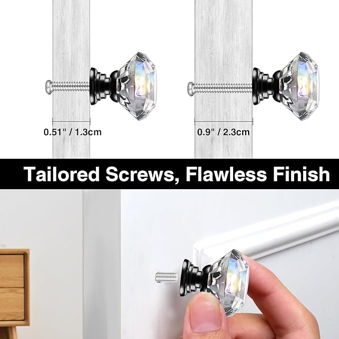 POZEAN Crystal Cabinet Knobs 30Pack, 1.18inch Dresser Knobs for Cabinet, Drawer with Two Different Sizes Screws, Diamond Glass Pulls Handles (30mm, 30Pack, Clear-Black)